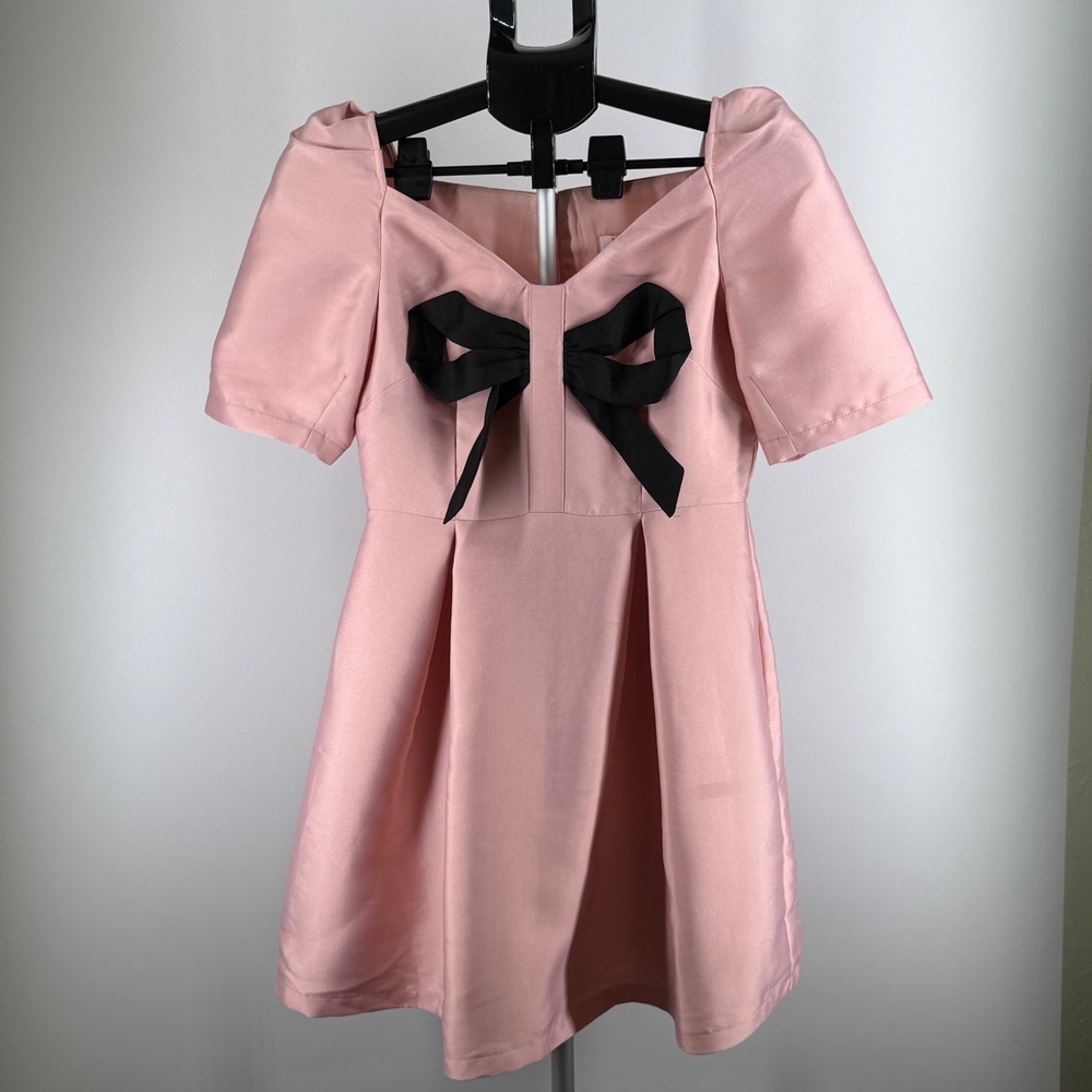Ha Cuc Pink Mini Dress Black Bow Puff Sleeve Fit and Flare Party Dress Small